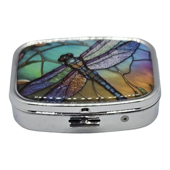 Dragonfly Pill Box Silver Medicine Mini Tin Case Mirrored Travel Purse Size Duo - Picture 7 of 7